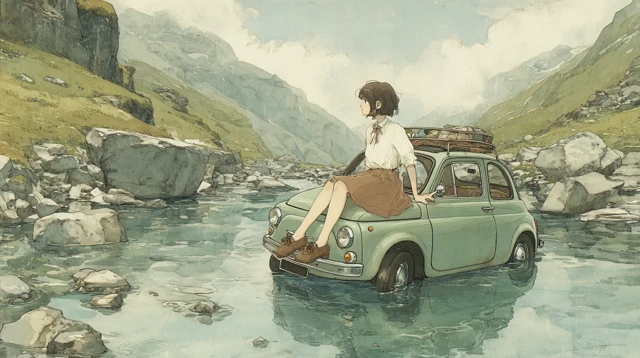 Fiat 500 in River Anime Illustration