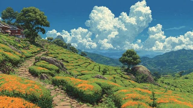 Tea Plantation Landscape Anime Art