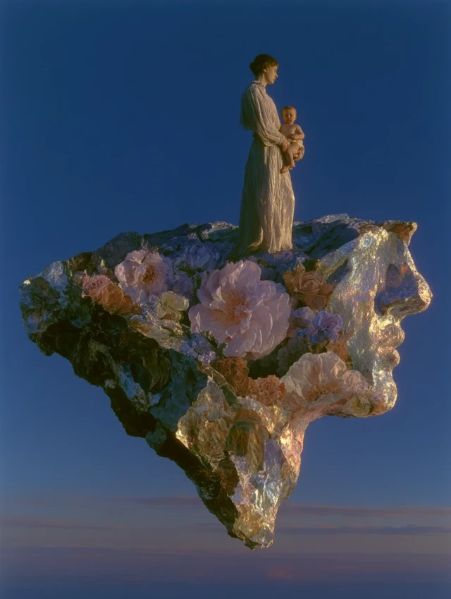 Dreamlike Image of Father and Child on Floating Island