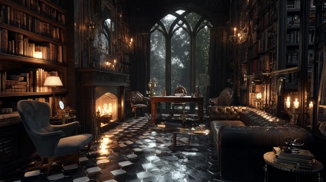 Cozy Gothic Library Night Time Scene
