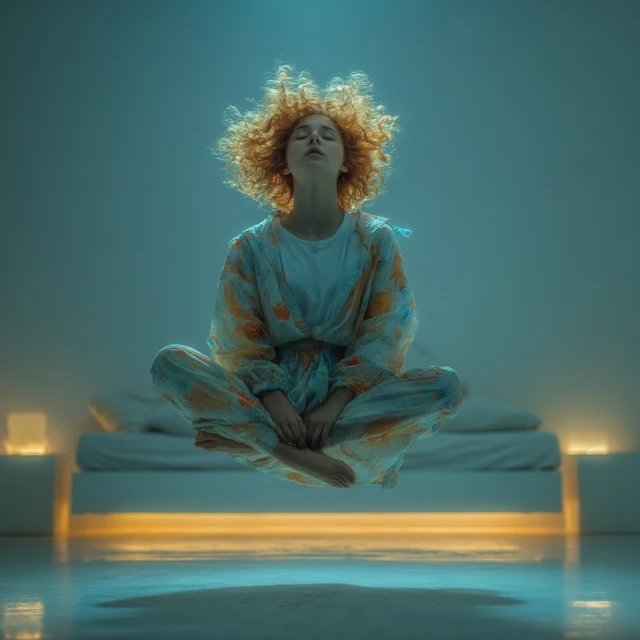 Floating Girl in Futuristic Room: Realistic Portrait