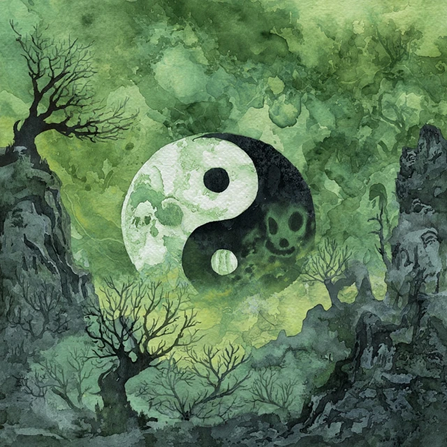 Eerie Yin Yang Watercolor Art with Chinese Ghost
