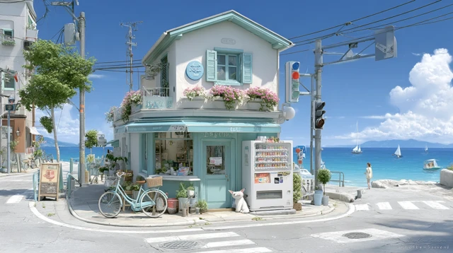 Coastal Cafe Scene in Webtoon Style