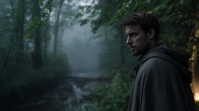 Mysterious Figure in Eerie Forest Cinematic Scene
