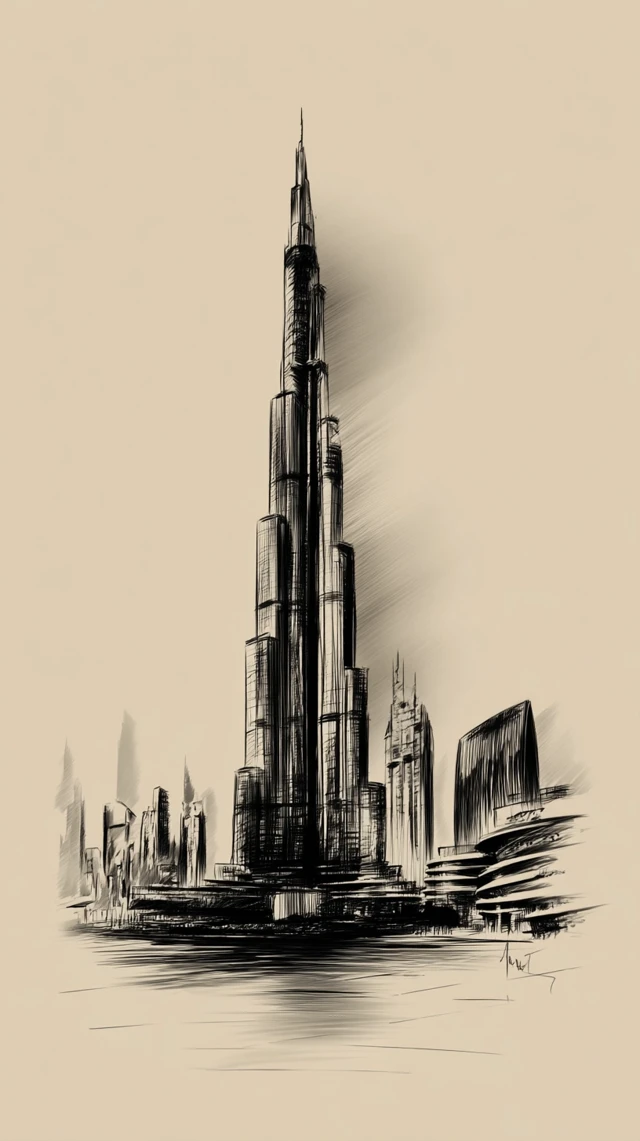 Burj Khalifa Sketch Sepia Tone Art