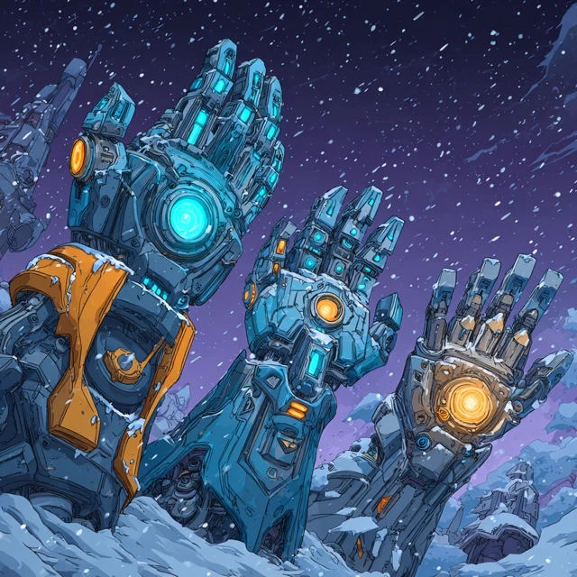 Cyberpunk Robot Hand in Snow SciFi Scene