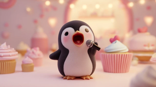 Cute Penguin Singing in a Cupcake World