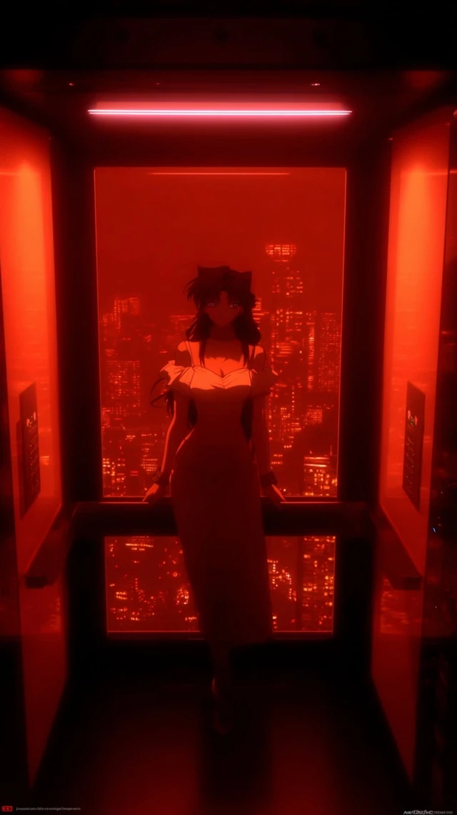Anime Girl in Red Elevator at Night
