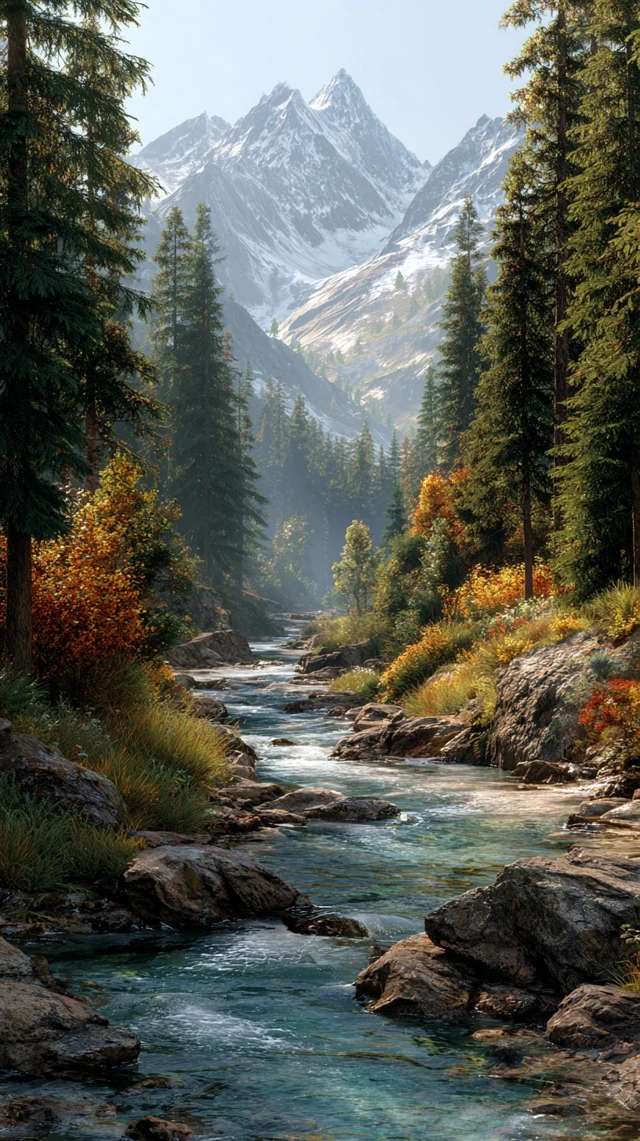 Alpine Landscape River Forest Mountains Autumn