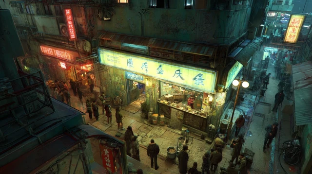 Blade Runner Style Tattoo Shop in Crowded Street