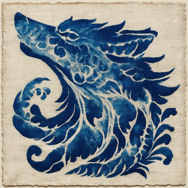 Indigo Tie Dye Wolf Art Traditional Chinese