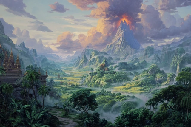 Fantasy Landscape Painting with Volcano and Temples