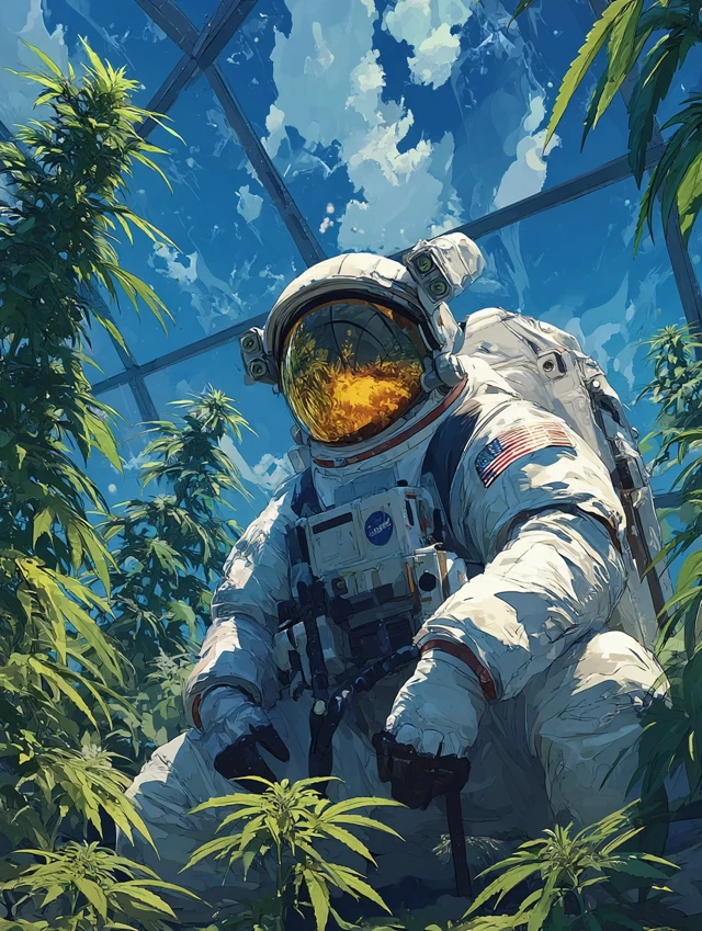 Astronaut in Space with Cannabis Plants