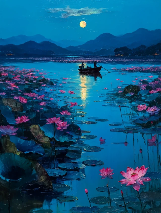 Lotus Lake Midnight Oil Painting
