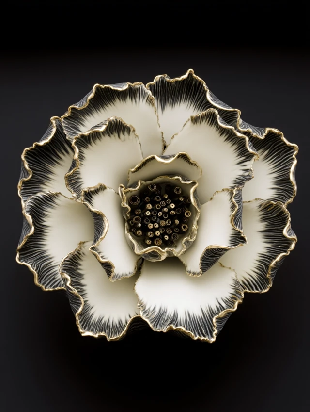 Art Deco Magnolia Flower Black and White Gilded