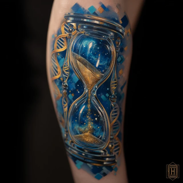 Hourglass Tattoo Universe DNA Blue and Gold