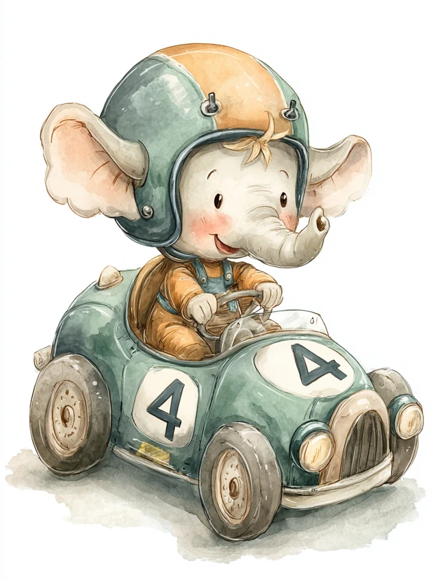 Cute Baby Elephant Driving Race Car Watercolor