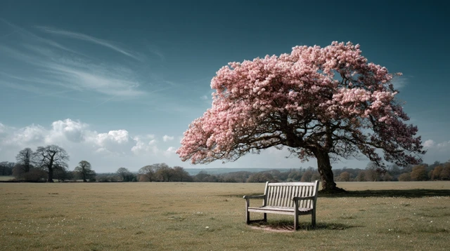 Spring Blossoms Bench Peaceful Field Scene
