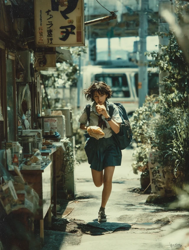Japanese School Girl Running Eating Bread