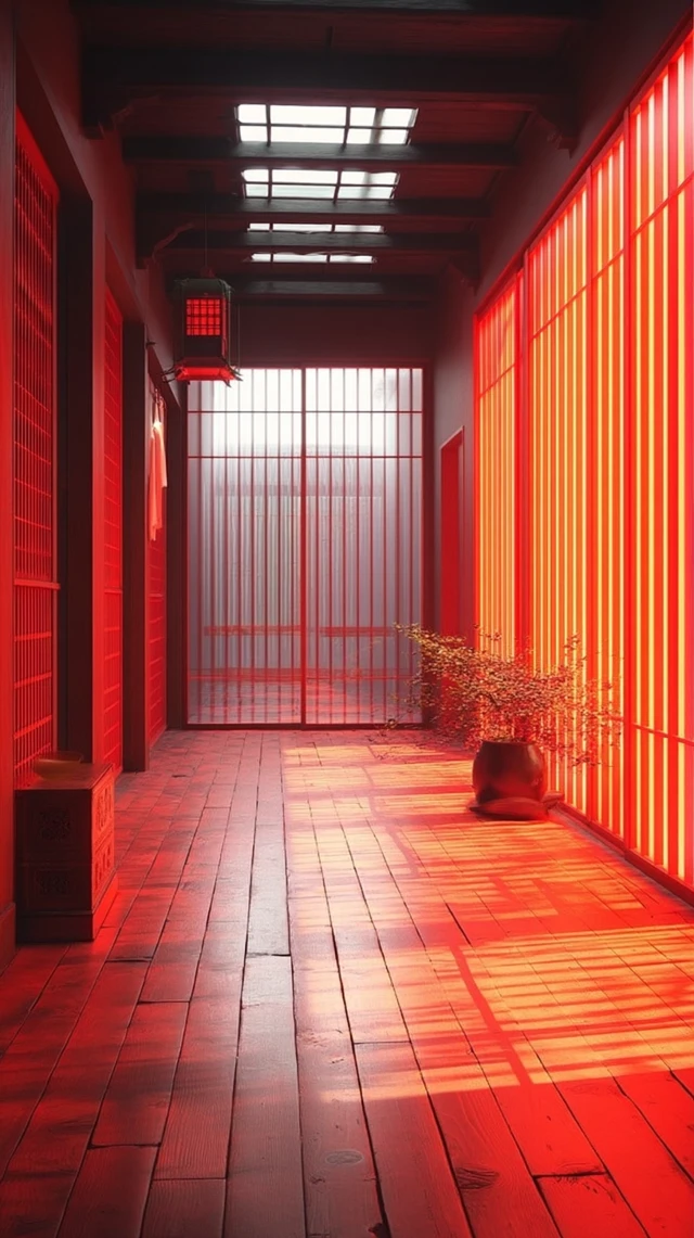 Japanese Hallway Minimalist Design Warm Red Lighting