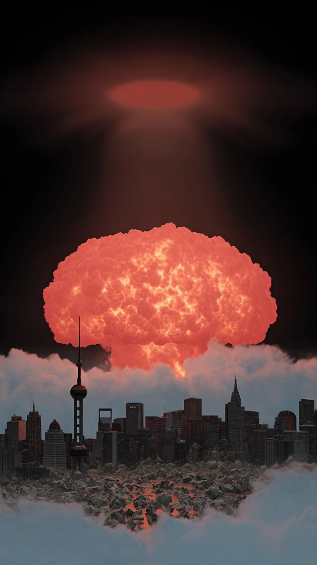 Nuclear Explosion Over Shanghai Photorealistic 8K