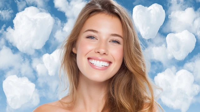Beautiful Woman Smiling with Teeth Clouds and Blue Sky