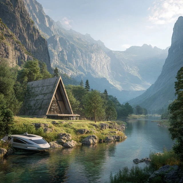 Tranquil Valley Cottage with UAP - Surreal and Photorealistic