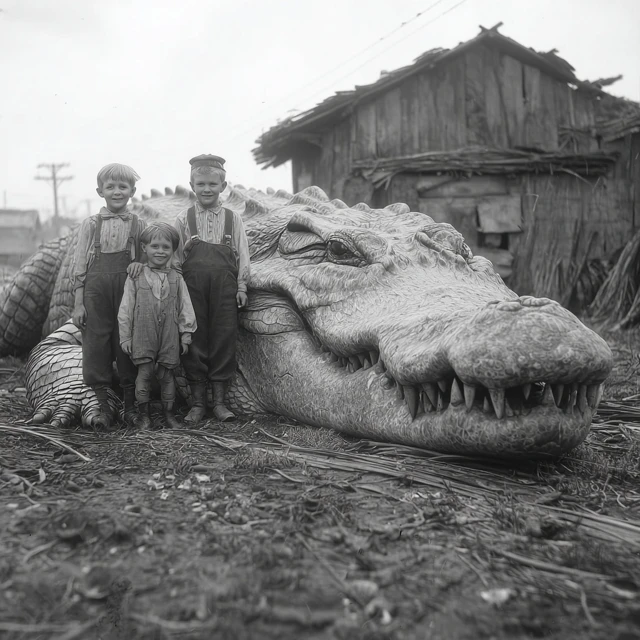 1910 Photo Children with Giant Alligator