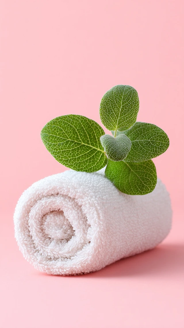 White Cotton Towel with Green Plant on Pink Background