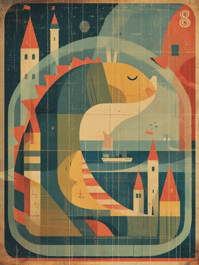 Dinosaur in Crystal Castle Mid Century Illustration