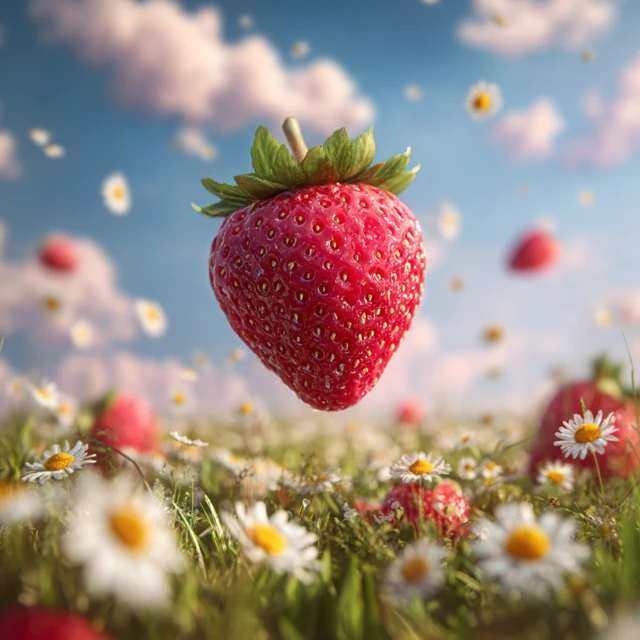 Juicy Strawberry Hovering Over a Flower Field Photo