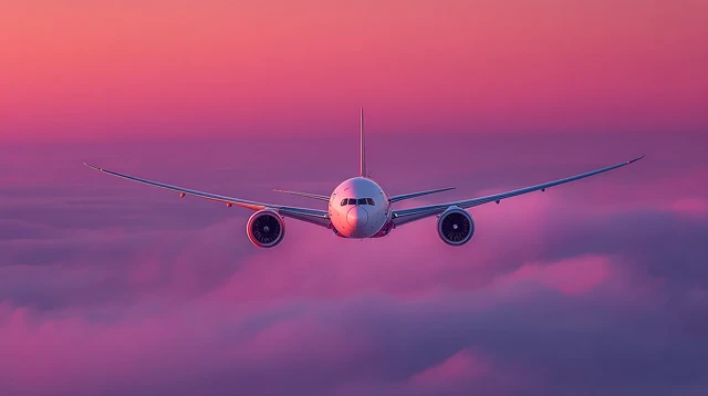 Airplane Flying Through Twilight Sky