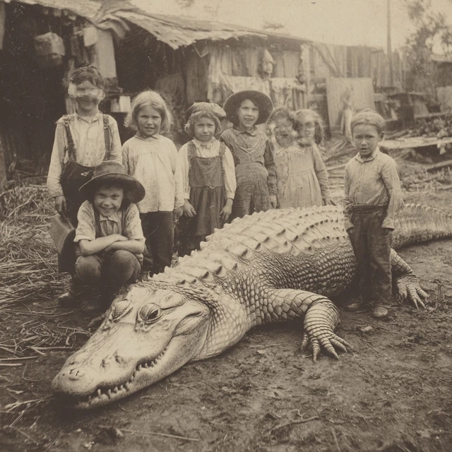 1910 Photo Children with Giant Alligator