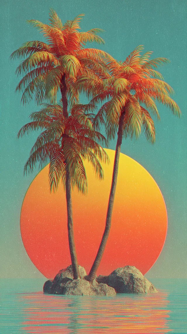 Retro Sunset Palm Trees and Ocean Scenery