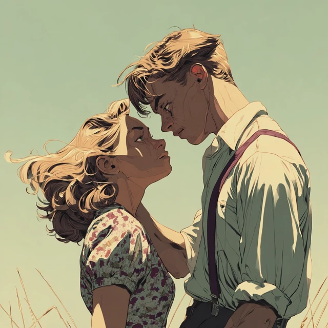 Romantic Kiss in the 1940s Comic Book Style