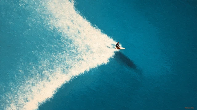 Minimalist Oil Painting Surfer Riding Wave Aerial View