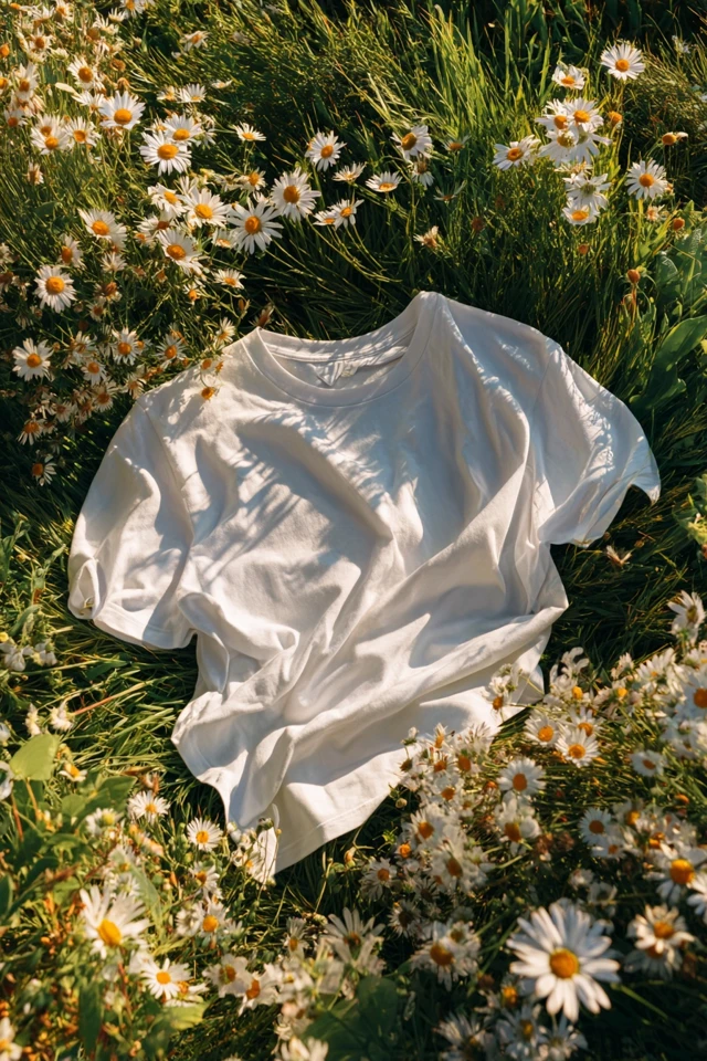 White Cotton TShirt on Green Grass and Daisies
