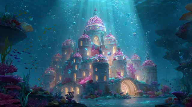 Underwater Mermaid Castle Dreamy Fantasy Scene