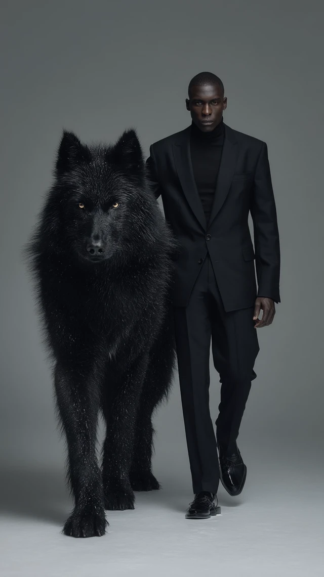 Man and Wolf in Black Balenciaga: Hyperrealistic Portrait
