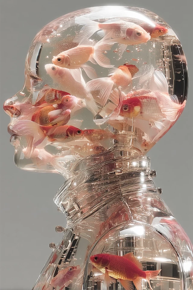 Glass Human with Goldfish Surreal Portrait