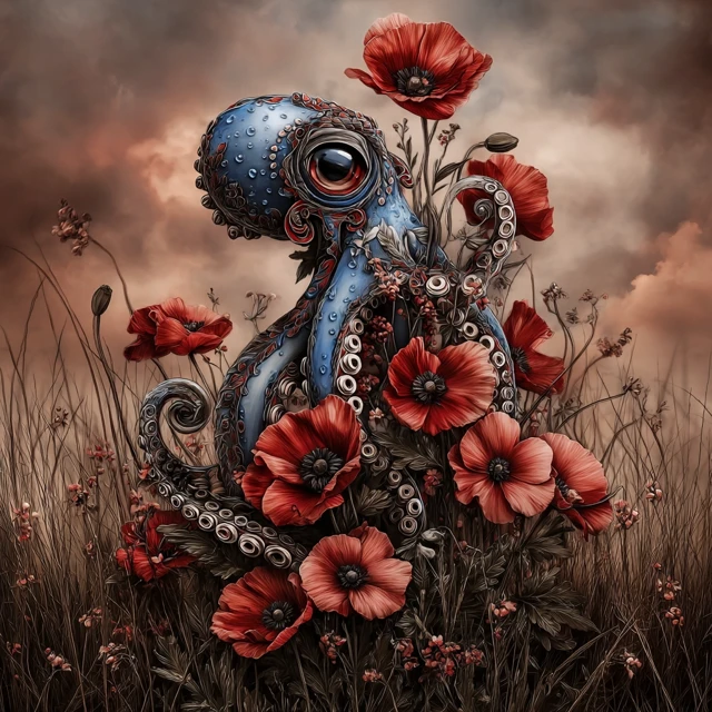 Blue Octopus in Flower Field Illustration Art
