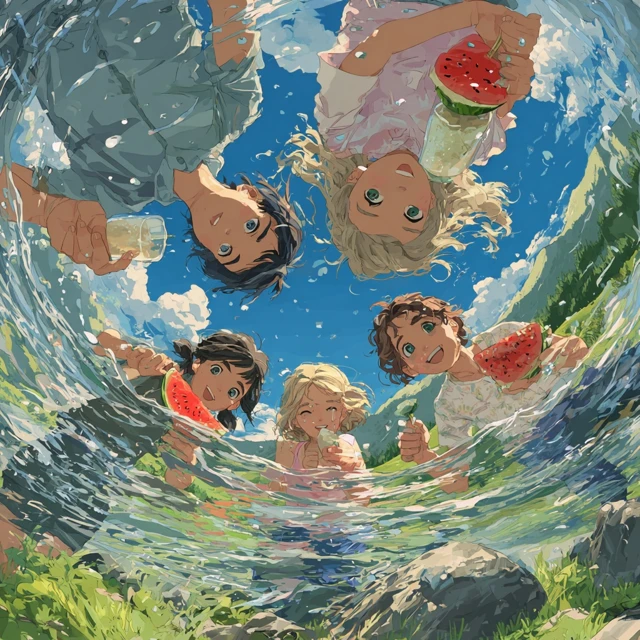 Childrens Summer Fun Eating Watermelon Anime Style