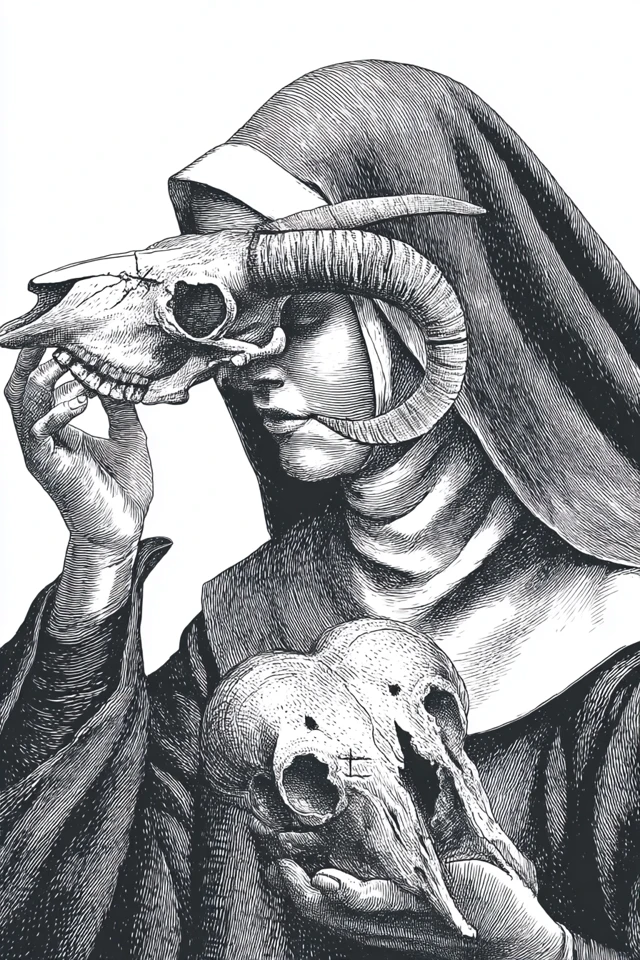 Blindfolded Nun with Ram Skull Black and White Art