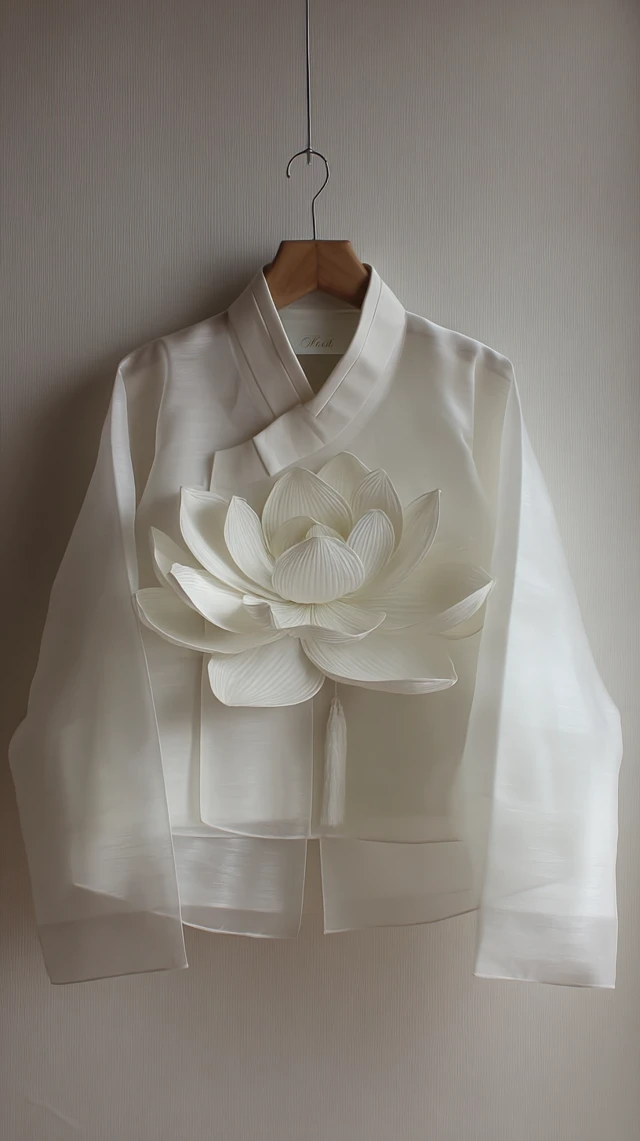 Elegant Korean Hanbok in White with Lotus Flower