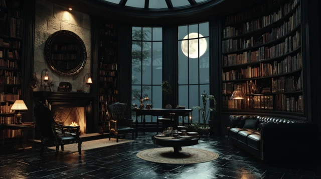 Cozy Gothic Library Room Night Time Interior