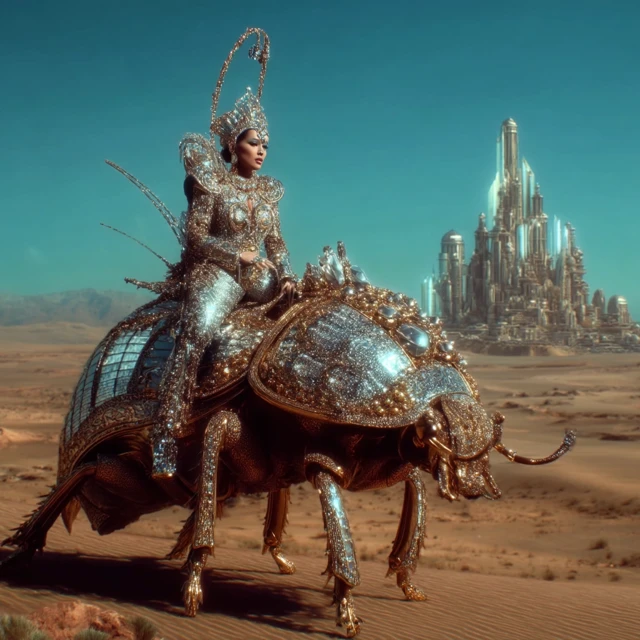 Elegant Queen on Jewel Beetle in Desert Fantasy