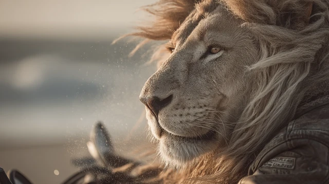 Lion on a Motorcycle Beach Sunset