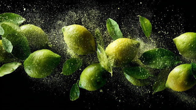 Green Lemons Falling Artistic Food Photography