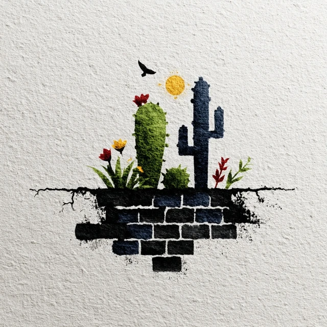 Cactus Illustration Broken Brick Wall