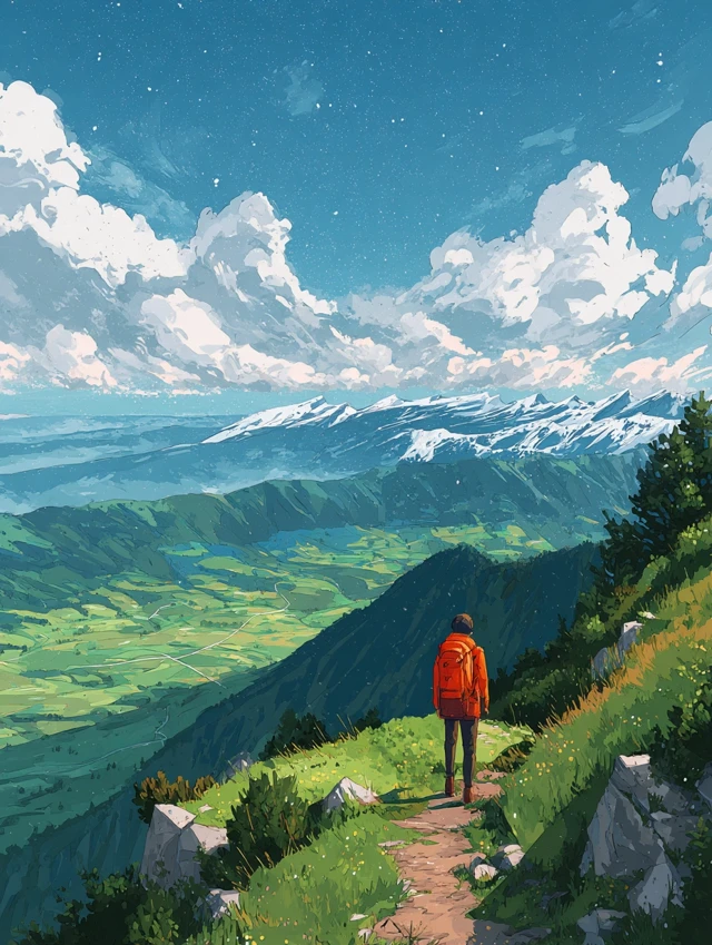 Hiker in Nature Mountain View Artwork